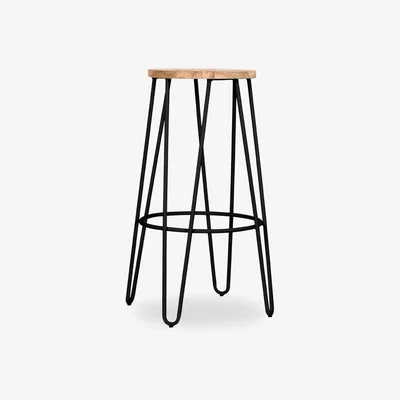 Cult Furniture £20 Off Hairpin Metal Bar Stool, Elm Wood & Black Natural Wood Seat