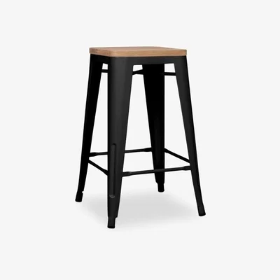 Cult Furniture Xavier Pauchard Tolix Style Metal Kitchen Stool, Elm Wood & Matte Black Seat Colour: Natural Wood Seat