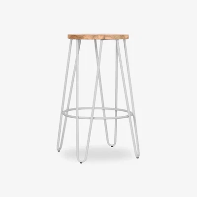 Cult Furniture £40 Off Hairpin Metal Kitchen Stool, Elm Wood & Light Grey Natural Wood Seat