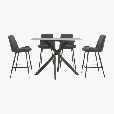 Furniture Village Samurai Bar Table with White Stone Top and 4 Dark Grey Faux Leather Bar Stools
