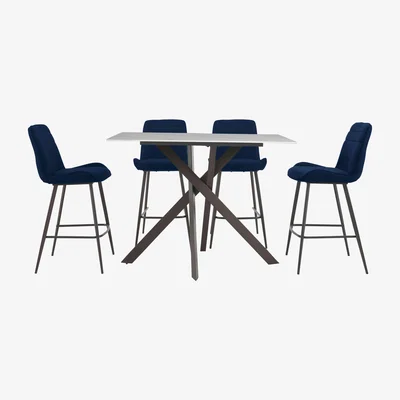 Furniture Village Samurai Bar Table with White Stone Top and 4 Velvet Bar Stools