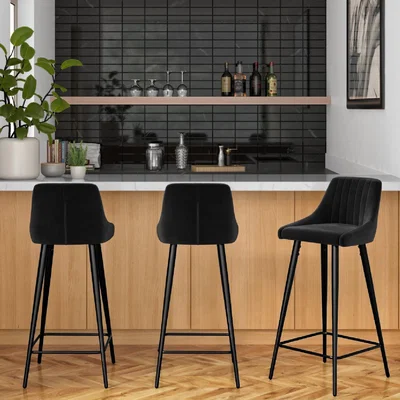 Furniture123 Set of 3 Charcoal Velvet Bar Stools with Backs - Macie