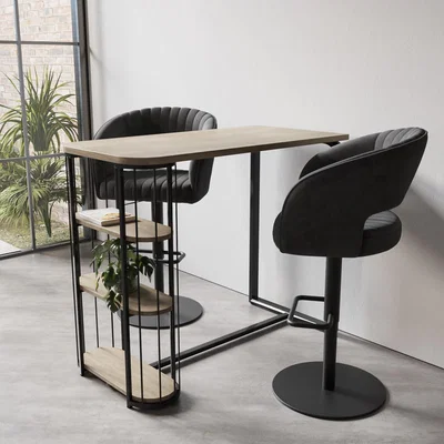 Furniture123 Oak and Black Bar Table Set with 2 Grey Faux Leather Adjustable Bar Stools - Quinn
