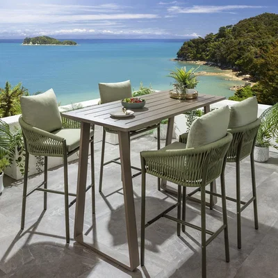 Quatropi Outdoor 4 Seat Tall High Table & Stool Garden Bar Set Green Beige Aluminium