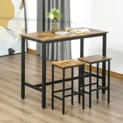 The Range Industrial Bar Table Set, Breakfast Table with 2 Stools - Brown