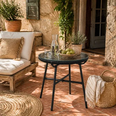 The Range Antigua Black Rattan Round Outdoor Bistro Table with Tempered Glass Top