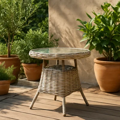 The Range Costa Round Wicker Effect Bistro Table with Glass Top - Beige