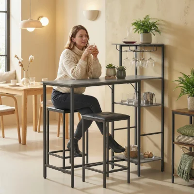 The Range HOMCOM 3Pcs Breakfast Bar Table and Stools Set 4-tier shelving - Grey