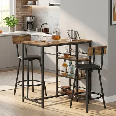 The Range HOMCOM 3 Piece Breakfast Bar Table Set with Shelves Space Saving - Rustic Brown