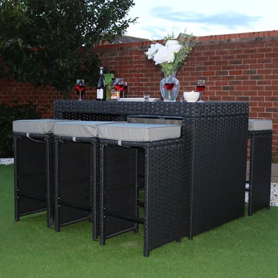 The Range ETON RATTAN GARDEN 6 SEATER BAR TABLE AND STOOL SET IN BLACK WITH RAIN COVER - Black