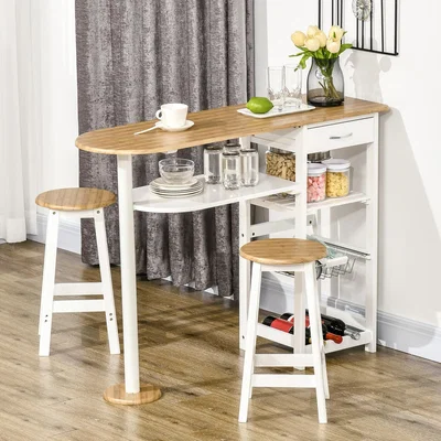 The Range 3 Piece Bar Table Set with Storage Shelf, Drawer, Wire Basket - Natural, White