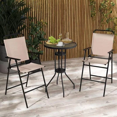 The Range Folding Bistro Set Garden Round Bar Table with  Folding Chairs - Cream