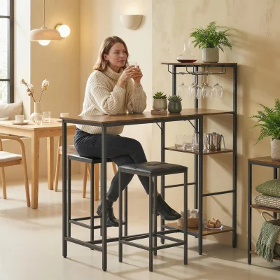The Range HOMCOM 3Pcs Breakfast Bar Table and Stools Set 4-tier shelving - Rustic Brown
