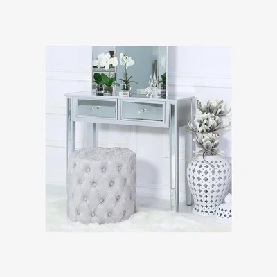 Teddy Beau Deco Home Round Silver Velvet Deeply Padded Stool Ottoman With Tufted Buttons