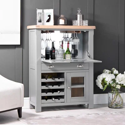 Chiltern Oak Furniture Dorset Storm Grey Painted Oak Drinks Cabinet with Wine Rack