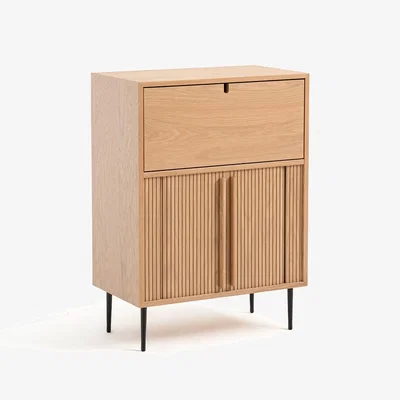 La Redoute Strio Oak Bar Cabinet with Pull-Down & 2 Sliding Doors