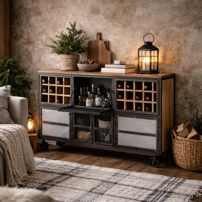 The Range Hanko Industrial Reclaimed Wood and Metal Wine Cabinet - Brown