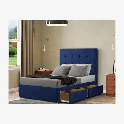 The Range Darlington Divan Bed 2 Drawers Floor Standing Headboard Matching Buttons Plush - Navy / Small Double
