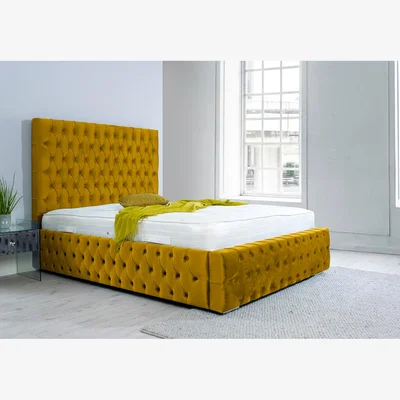 The Range Orella Plush 4 Inch Solid Thick Bed Frame With Chesterfield Headboard - Mustard Gold / Small Double