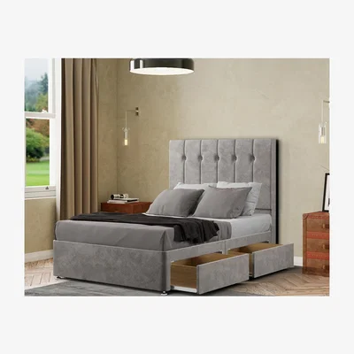 The Range Highland Divan Bed 2 Drawers Floor Standing Headboard Matching Buttons Plush - Silver / Small Double