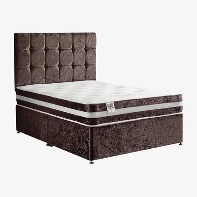 The Range Delia Divan Bed Set with Headboard and Mattress - Chenille Fabric, Non Storage - Brown / Small Double