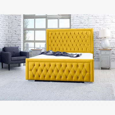 The Range Piera Plush 4 Inch Solid Thick Bed Frame With Chesterfield Headboard - Mustard Gold / Small Double