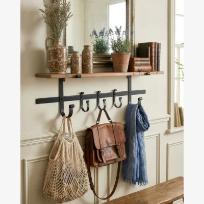 Dibor Rustic Pine 92cm Shelf with Hooks