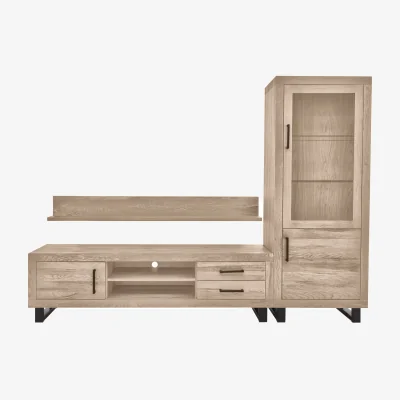 Furniture Village Bodahl - Terra Large Media Set with TV Unit, Small Right Hand Facing Display Cabinet and 180cm Wall Shelf - Vintage Grey