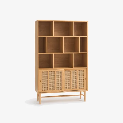 La Redoute Esmée Oak Veneer and Cane Bookcase with 2 Sliding Doors and 10 Compartments
