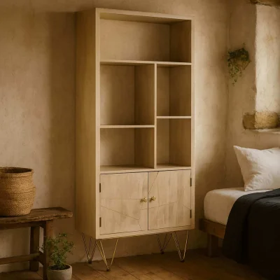 The Range Manila Light Gold Large Bookcase Mango Wood 2 Doors 5 Shelves - Neutral