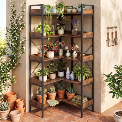 The Range 5 Tier Convertible Corner Bookshelf with Heavy duty Metal Frame - Brown