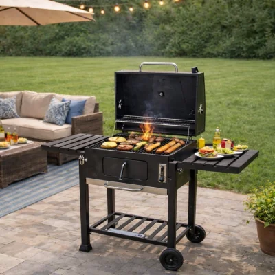 The Range Charcoal Barbeque Outdoor Grill BBQ Smoker Large - Black / Wheels Chimney Shelves Instructions BBQ Warming Tray