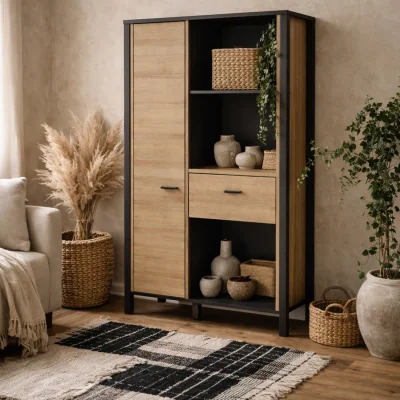 The Range Egtved Tall Shelving Unit Riviera Effect with Metal Handles 1 Drawer 1 Glass Door - Black