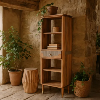 The Range Wyld Haus Idaho Slim Acacia and Mango Wood Bookcase with Brass Details and 1 Drawer - Brown