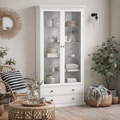 The Range Osaka Farmhouse Display Cabinet 2 Glass Doors 3 Shelves 2 Drawers - White