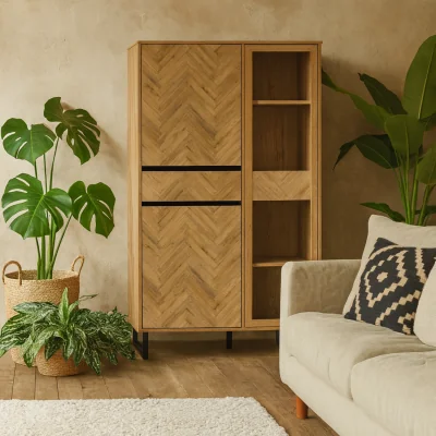 The Range Wyld Haus Hanover Oak-Effect Tall Display Cabinet, Chevron Panels, 2 Doors, 1 Drawer, 8 Shelves - Oak