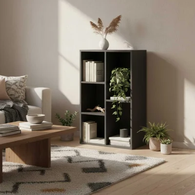 The Range Vakeri Wood Black 2-Tier Bookcase - 5 Open Storage Compartments