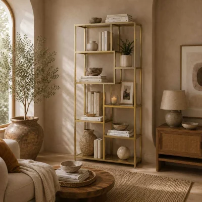 The Range Lolaha Wood and Metal White and Gold Tone 7-Tier Geometric Display Bookcase