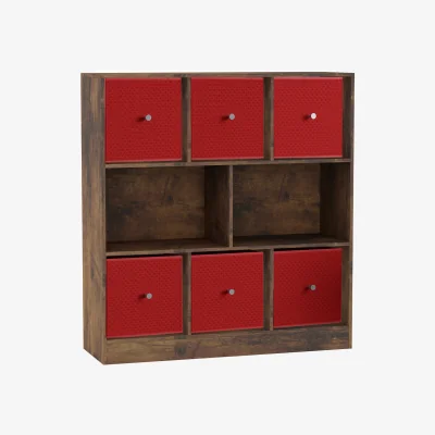 The Range 8 Rustic Brown Cube Bookcase with 6 Fabric Storage Drawer Inserts - Red
