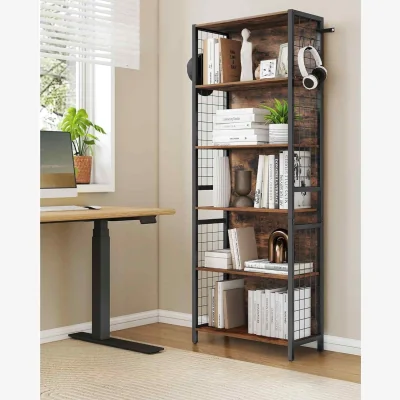 The Range 6 Tier Industrial Bookcase with 4 Hooks, Brown - Rustic Brown, Ink Black
