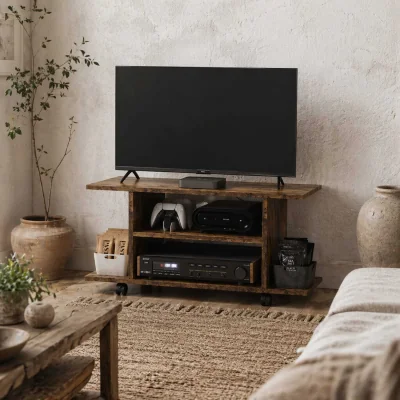 The Range Rinael 80cm Rustic Brown Mobile TV Storage Unit with Shelves and Bookcase Design