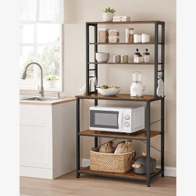 The Range Baker's Rack Kitchen Storage Unit with Multiple Shelves, Hooks and Metal Frame - Rustic Brown and Black
