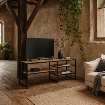 The Range El Paso TV Unit Matt Steel Frame Wild Oak Effect 3 Shelves - Natural