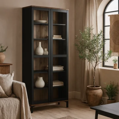 The Range Indigo Glazed Display Cabinet and 2 Doors 5 Shelves - Black & Walnut