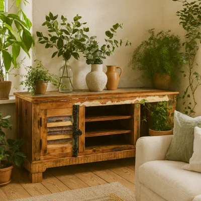 The Range Wyld Haus Seattle Reclaimed Wood TV Cabinet, 2 Doors, 2 Shelves, Rustic Brown - Brown