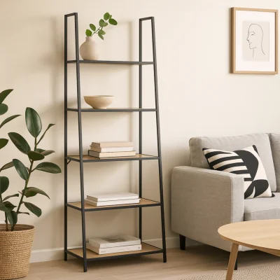 The Range Wyld Haus El Paso Black Metal Ladder Bookcase with 5 Oak-Effect Shelves - Natural