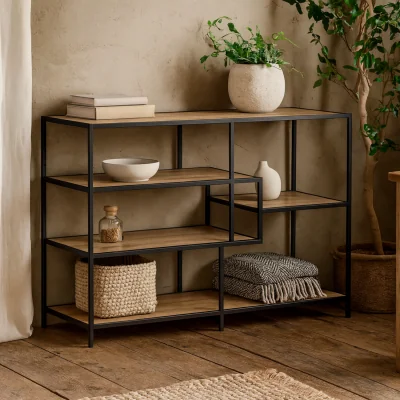 The Range El Paso Wide Bookcase Matt Steel Frame Wild Oak Effect Shelves 4 Shelves - Natural