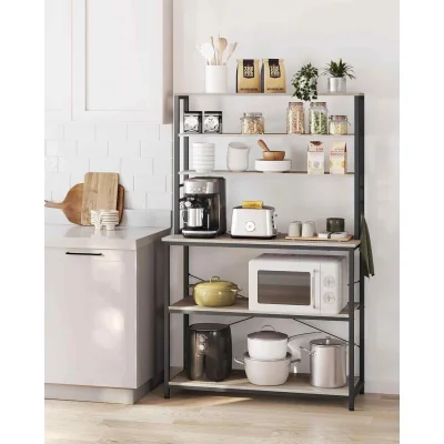 The Range Kitchen Bakers Rack Coffee Bar 6 Shelves 6 Hooks, Greige & Black - Heather Greige and Ink Black