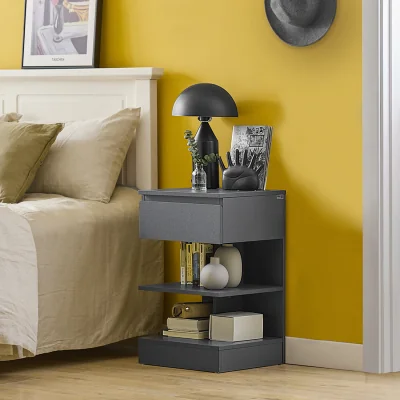The Range Set of 2 E Shaped Bedside Table 1 Drawer and 2 Shelves - Grey