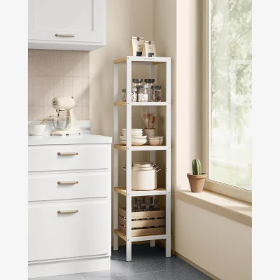 The Range 5 Tier Bamboo Corner Storage Shelf, White & Natural - Cloud White + Natural Beige